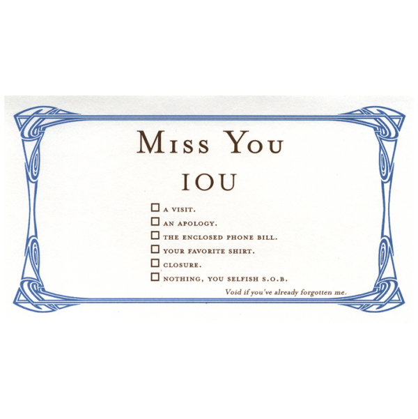 Miss You greeting card from the IOU collection.